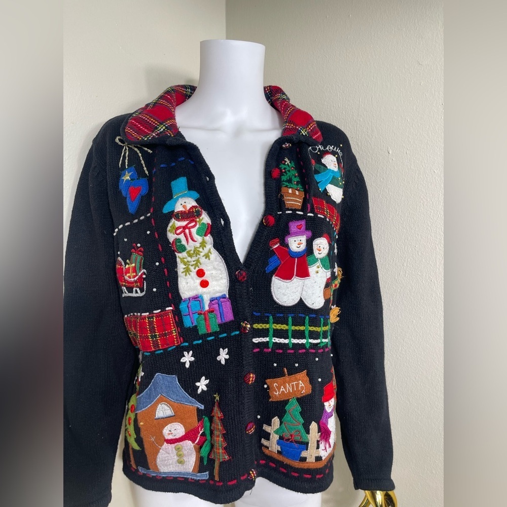 Designers Originals Black  sweaterCardigan with Festive Christmas holiday size L - Picture 2 of 7